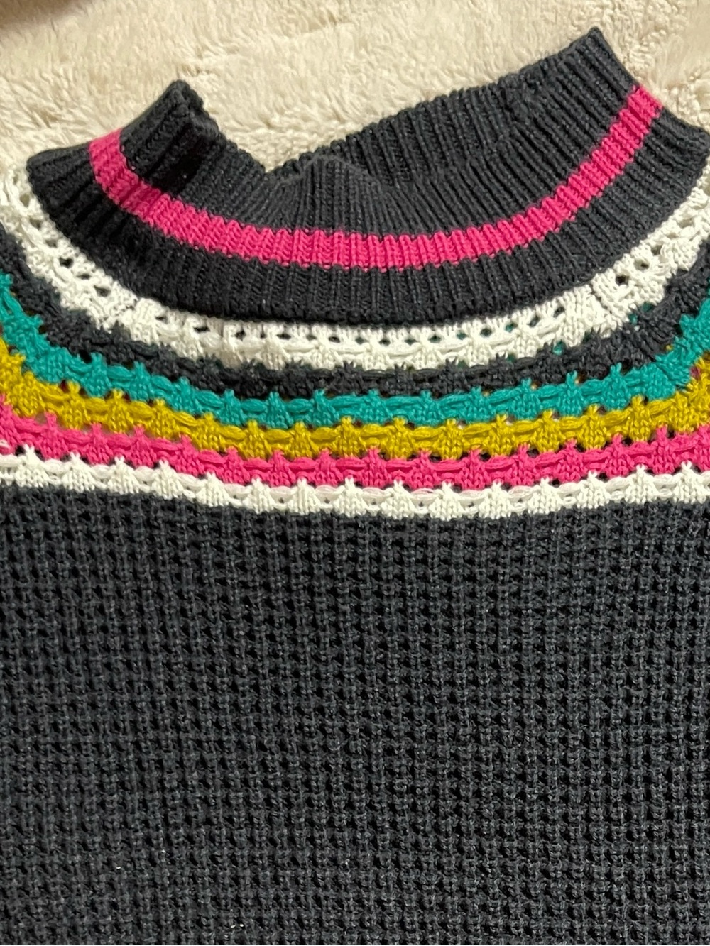 Navy Cowl Neck Sweater with Multicolor Stripes